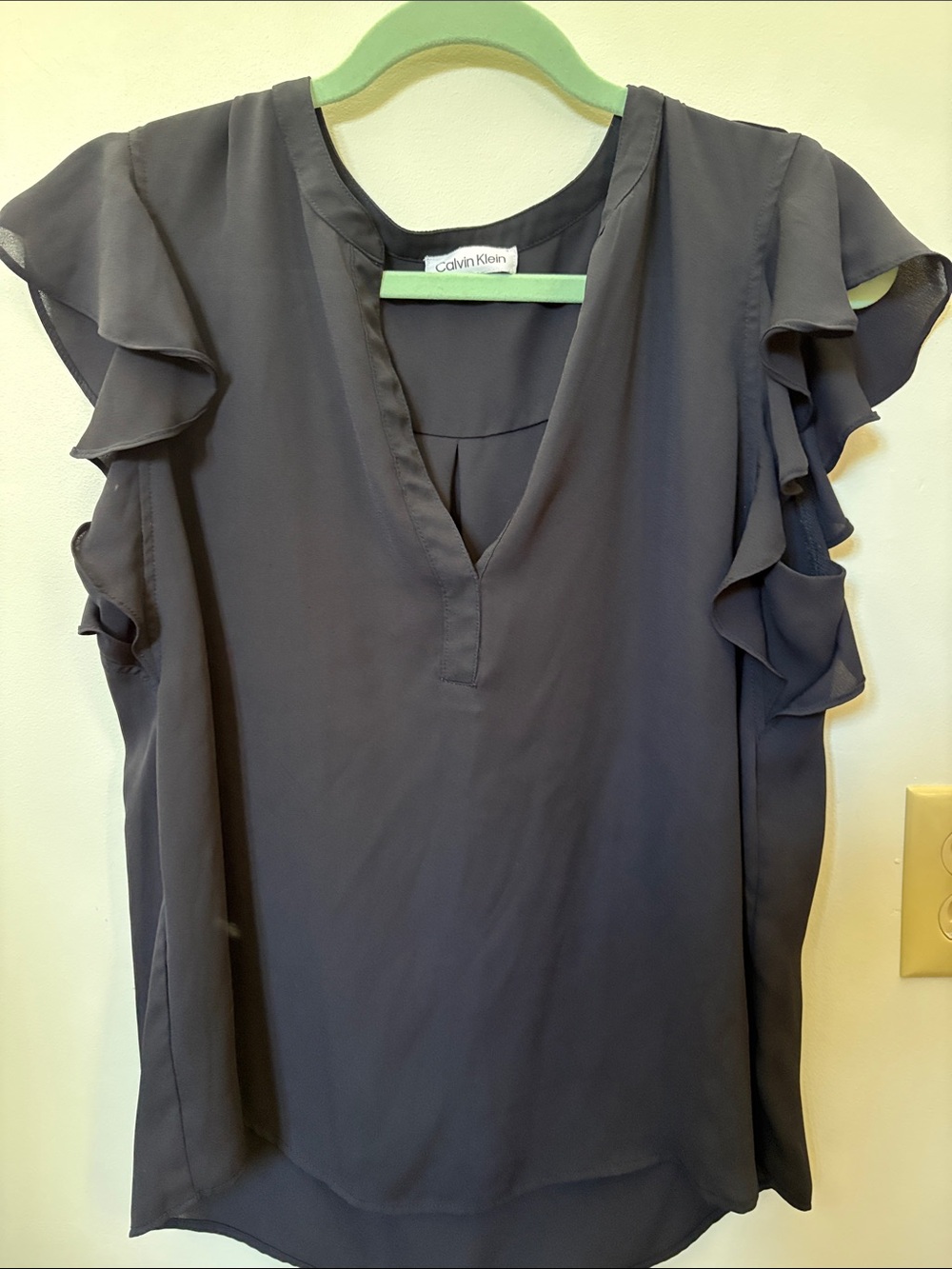Calvin Klein Navy Ruffle Sleeve V-Neck Blouse